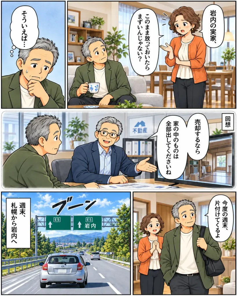 片付けマンガ内容:奥さんが「岩内の実家、このまま放っておいたらまずいんじゃない?」と問いかける。タカシがそういえば不動産屋さんに言われた言葉「売却するなら家の中のものは全部出してくださいね」を思い出した。タカシは重い腰を上げて「今度の週末片付けてくるよ」と奥さんに伝え高速で札幌から岩内へ向かった。