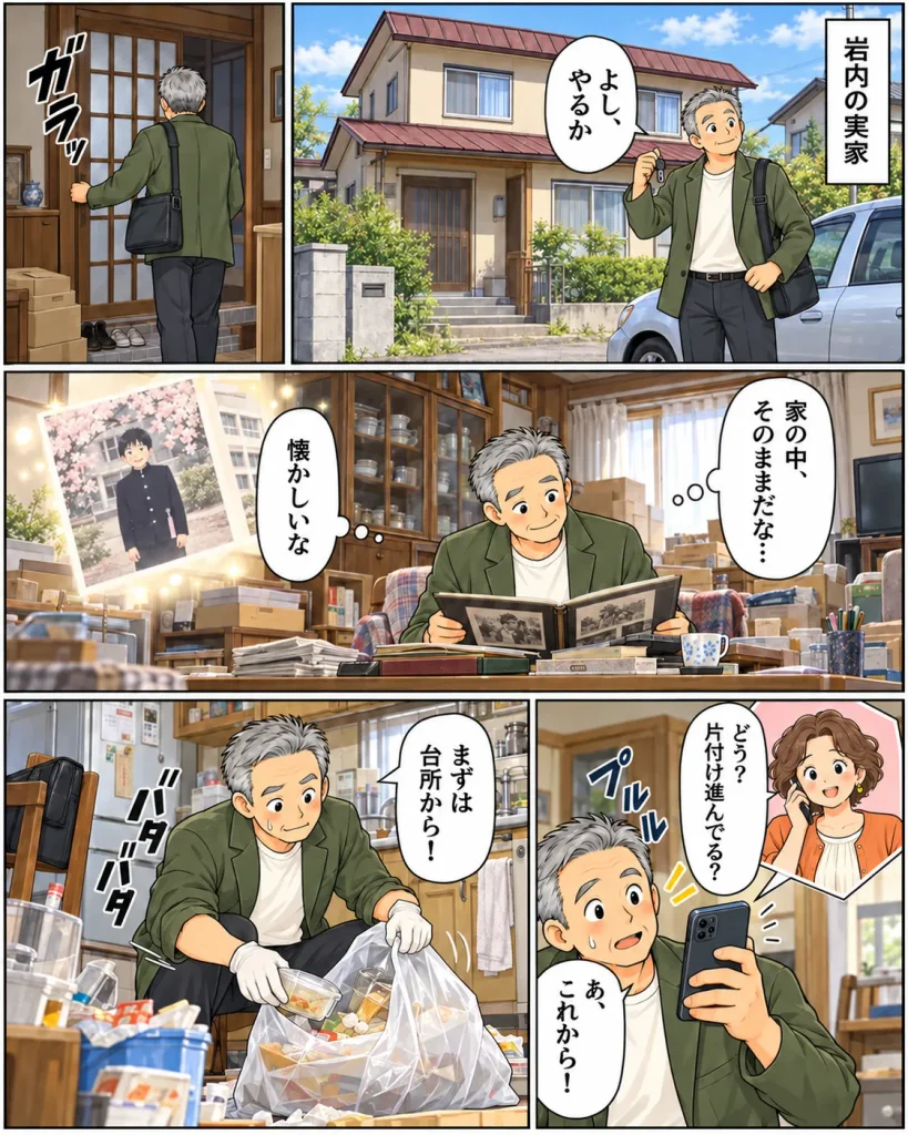片付けマンガ内容:岩内の実家に到着したタカシは「よし、やるか」とはりきって実家じまいを始める。家の中のものはそのままになっており、懐かしくて昔のアルバムをひらいてしまうが奥さんからの電話で「片付け進んでる?」と言われてちょっと焦る。まずは台所から片付け始めるタカシであった。