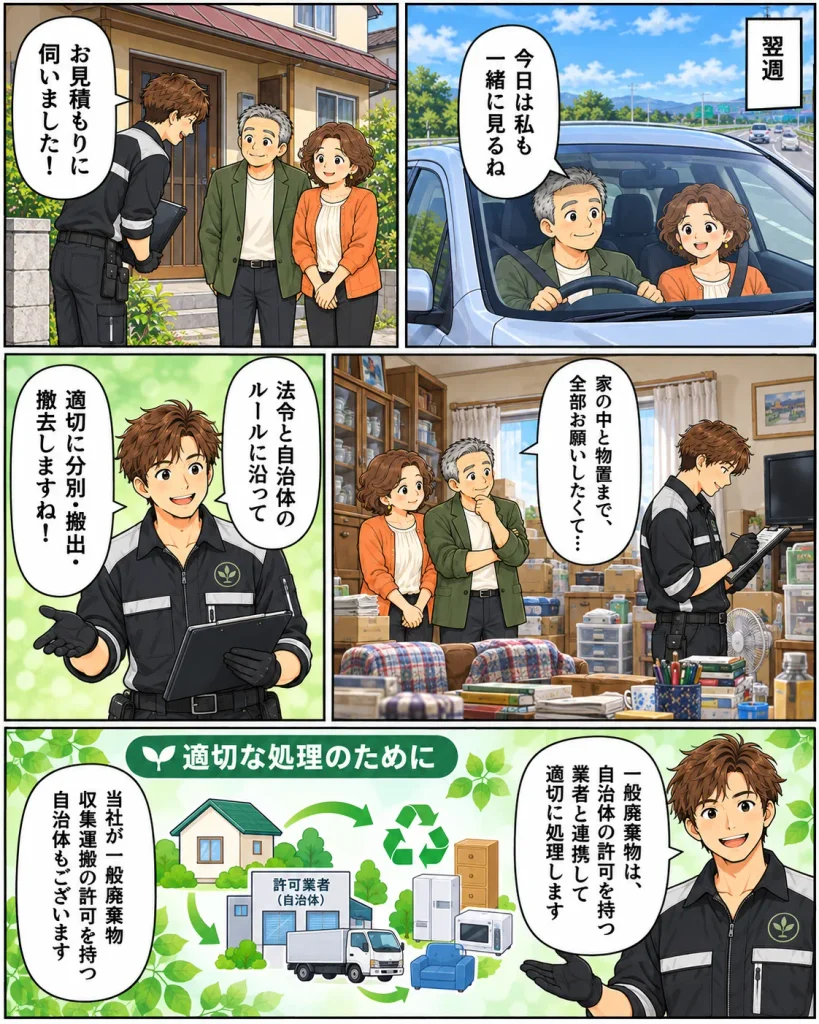 片付けマンガ内容:翌週、奥さんも現場についてきた。生活応援エコスタイルの担当者が見積もりにやってくる。タカシは「家の中と物置まで全部お願いしたくて」担当者は「法律と自治体のルールに沿って適切に分別・搬出・撤去しますね!」と伝え、一般廃棄物は自治体の許可を持つ業者と提携して適切に処理します。当社が一般廃棄物収集運搬の許可をもつ自治体もございます。
